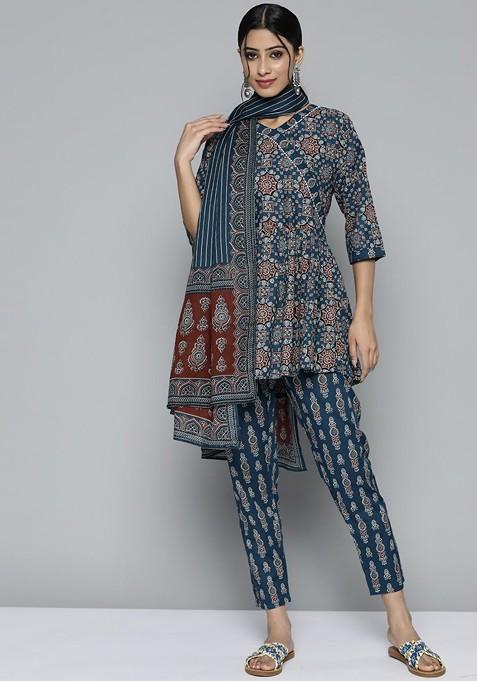 Navy Blue Ethnic Motifs Printed Thread Work Pure Cotton Top With Trousers