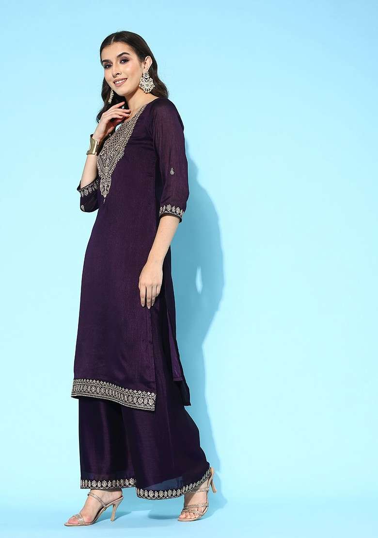 Purple Floral Yoke Design Regular Sequin Kurta With Palazzos And Dupatta - Indya