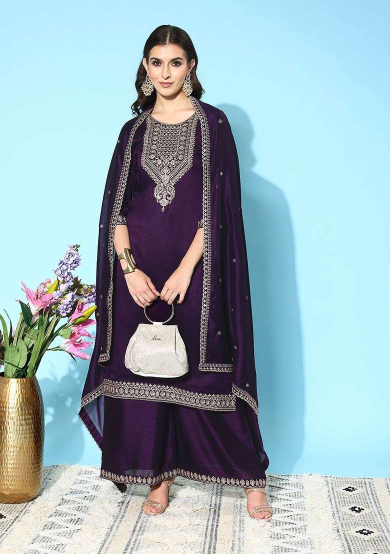 Purple Floral Yoke Design Regular Sequin Kurta With Palazzos And Dupatta - Indya