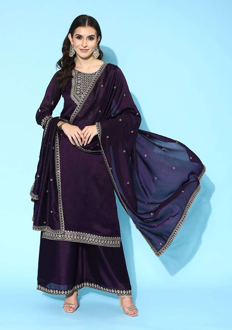 Purple Floral Yoke Design Regular Sequin Kurta With Palazzos And Dupatta - Indya