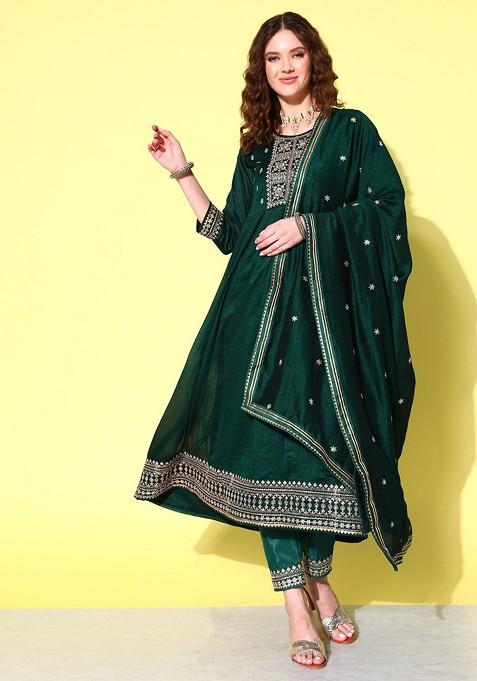 Green Floral Sequin Embroidered Anarkali Kurta And Trousers With Dupatta
