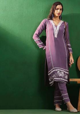 Purple Embroidered Thread Work Straight Kurta Set