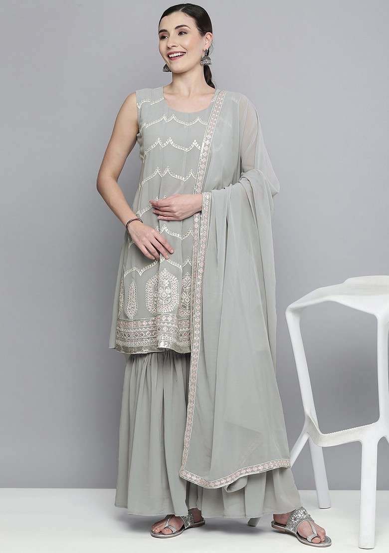 Grey Embroidered Silk Blend Sharara Set - Indya