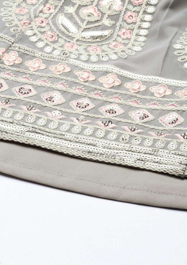 Grey Embroidered Silk Blend Sharara Set - Indya