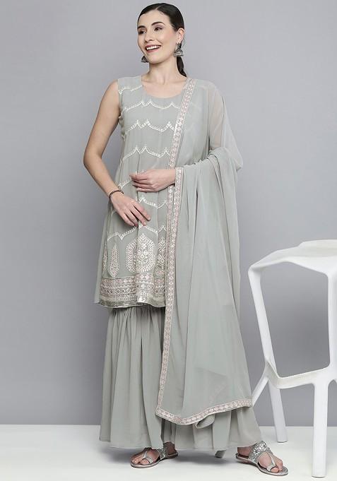 Grey Embroidered Panelled Silk Georgette Kurta With Sharara And With Dupatta