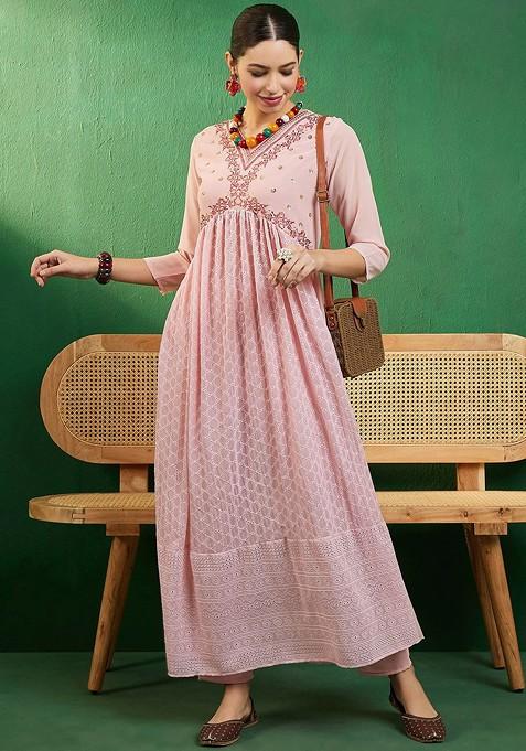 Pink And White Printed Blended Kurta — view on Indya