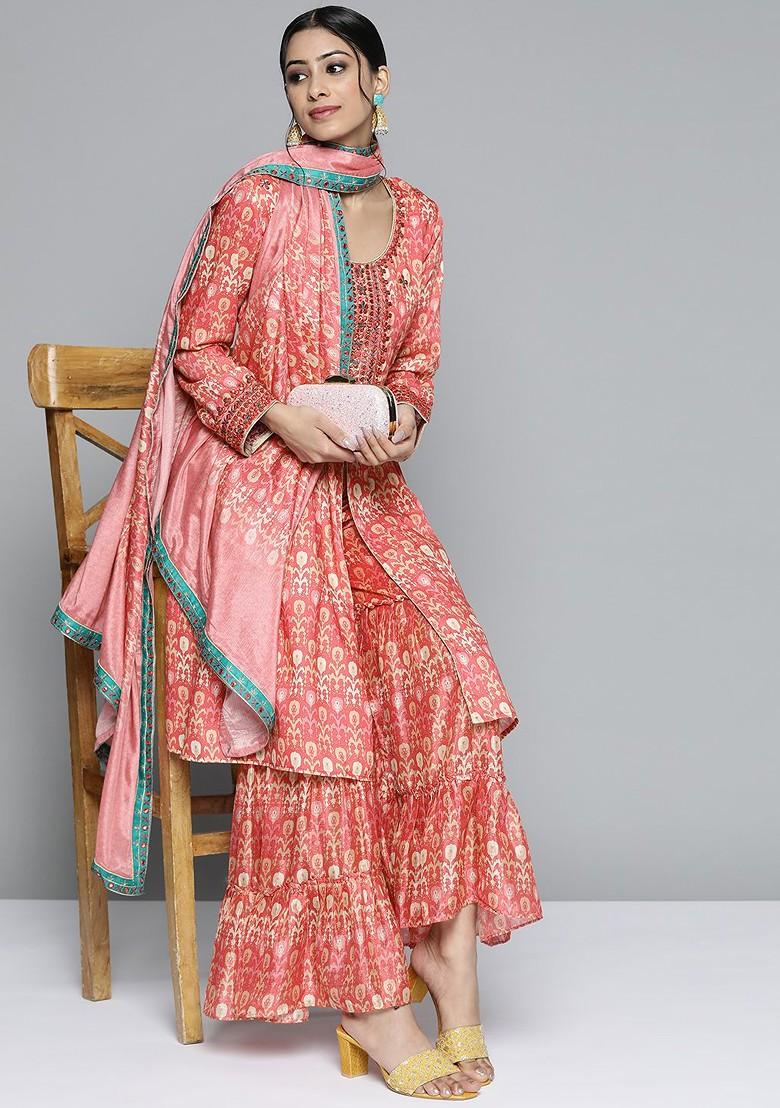 Coral Pink Ethnic Motifs Printed Mirror Work Kurta With Sharara And Dupatta