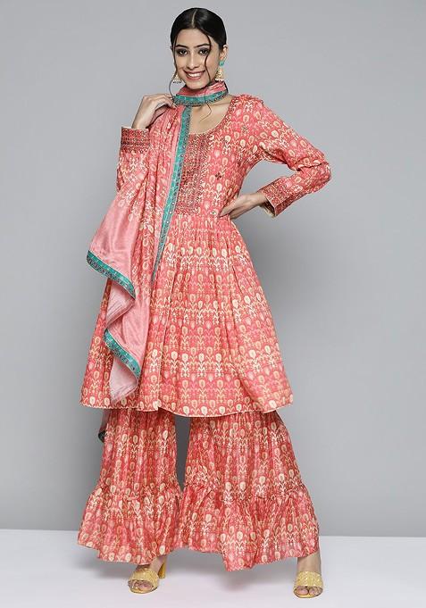 Coral Pink Ethnic Motifs Printed Mirror Work Kurta With Sharara And Dupatta