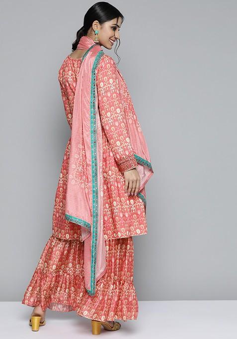 Coral Pink Ethnic Motifs Printed Mirror Work Kurta With Sharara And Dupatta