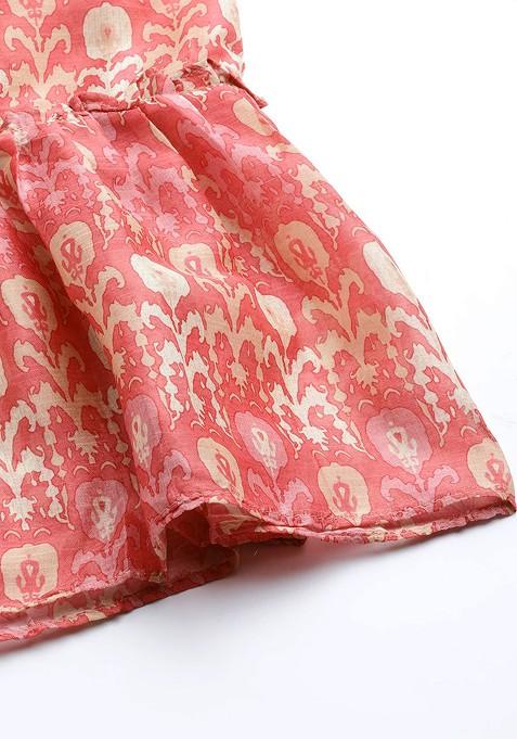 Coral Pink Ethnic Motifs Printed Mirror Work Kurta With Sharara And Dupatta