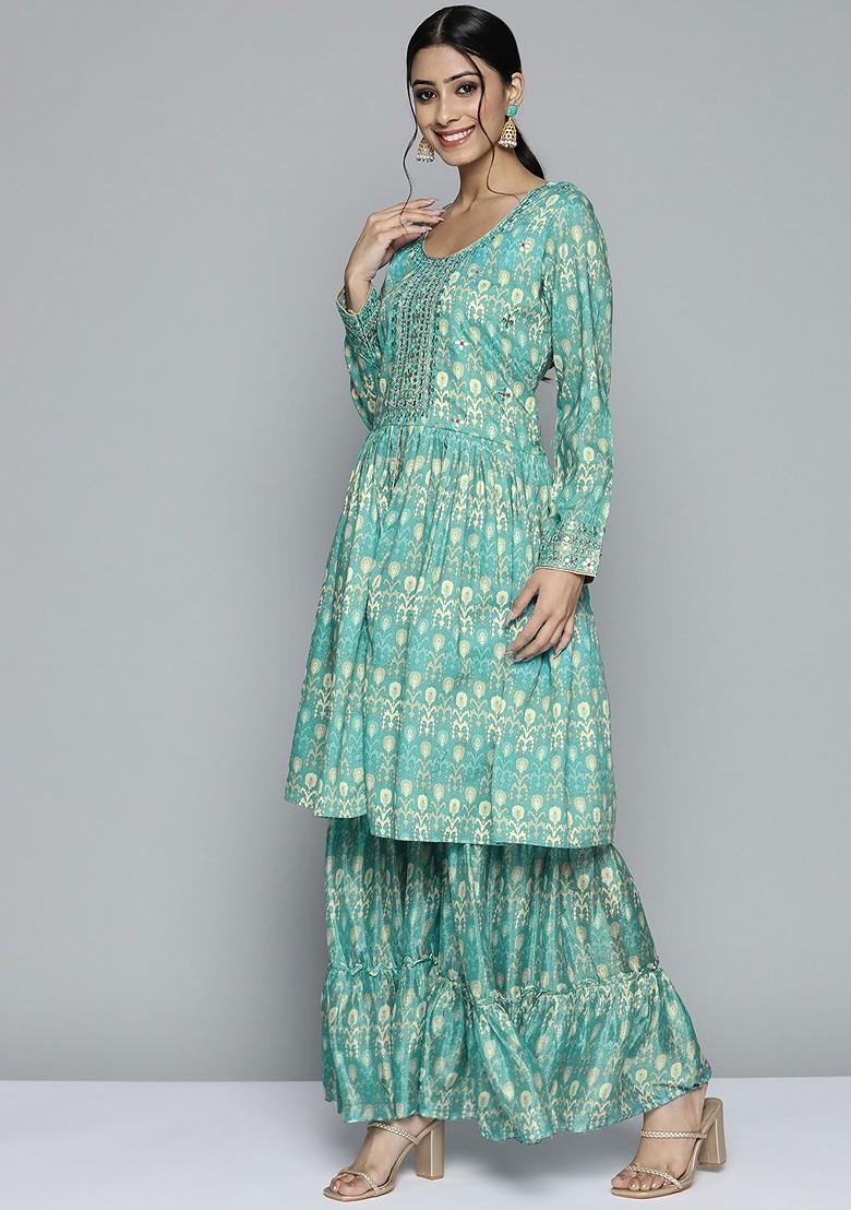 Green And Beige Ethnic Motifs Printed Mirror Work Kurta With Sharara And Dupatta