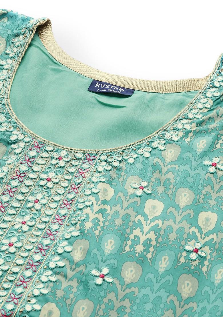 Green And Beige Ethnic Motifs Printed Mirror Work Kurta With Sharara And Dupatta