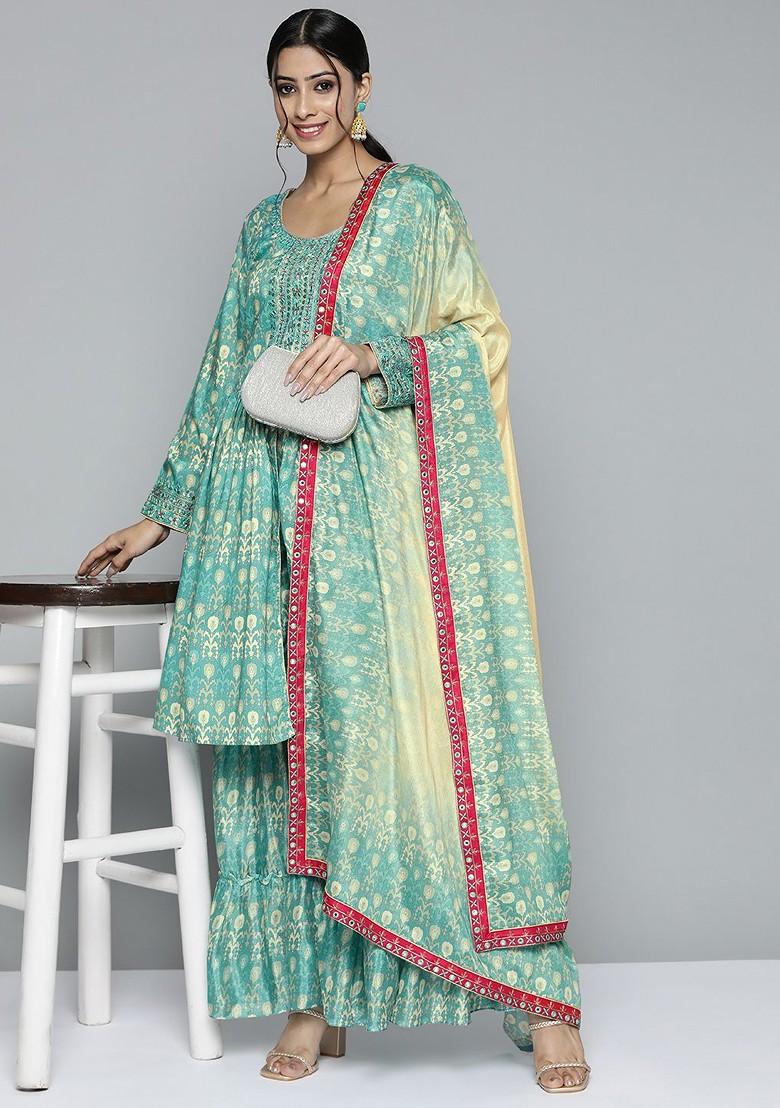 Green And Beige Ethnic Motifs Printed Mirror Work Kurta With Sharara And Dupatta