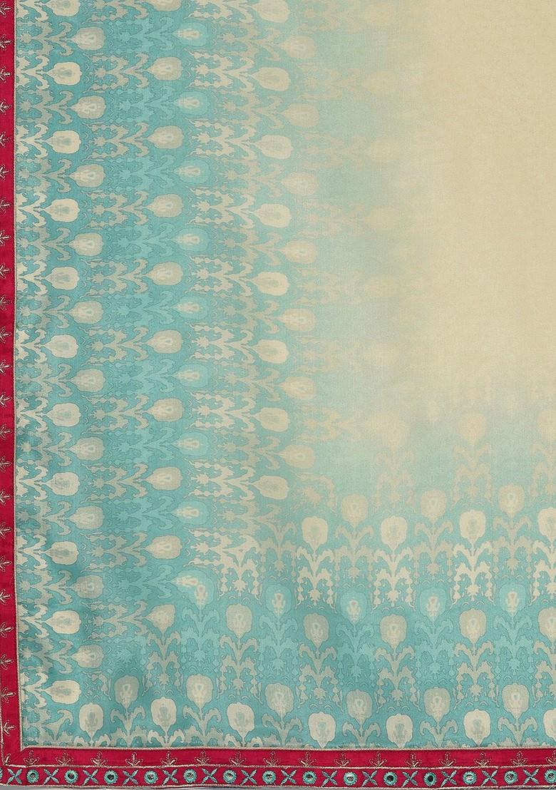 Green And Beige Ethnic Motifs Printed Mirror Work Kurta With Sharara And Dupatta