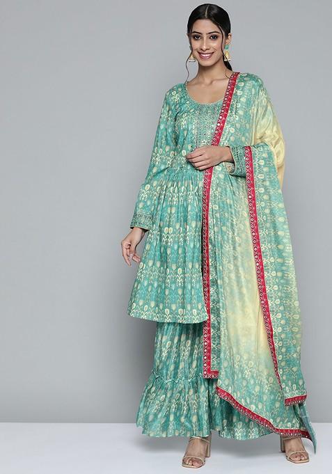 Green And Beige Ethnic Motifs Printed Mirror Work Kurta With Sharara And Dupatta