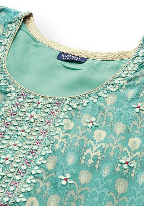 Green And Beige Ethnic Motifs Printed Mirror Work Kurta With Sharara And Dupatta