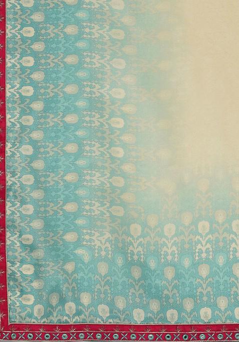 Green And Beige Ethnic Motifs Printed Mirror Work Kurta With Sharara And Dupatta