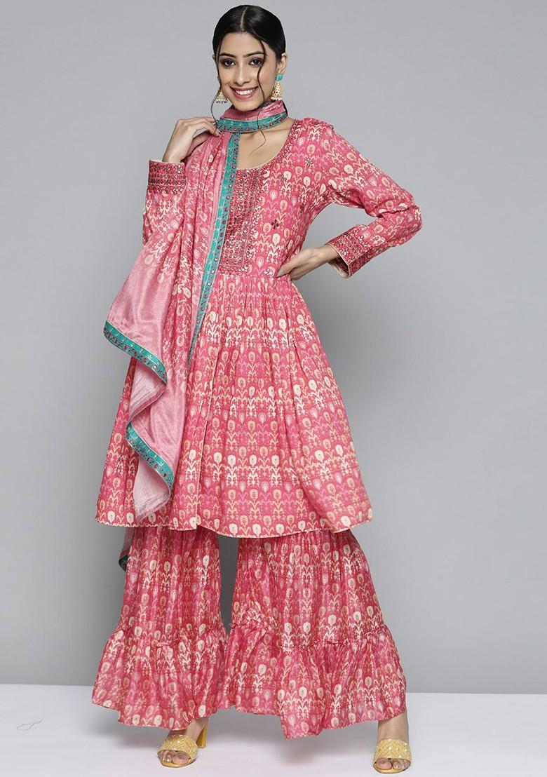 Pink Printed Mirror Work Pure Silk Kurta With Sharara And With Dupatta