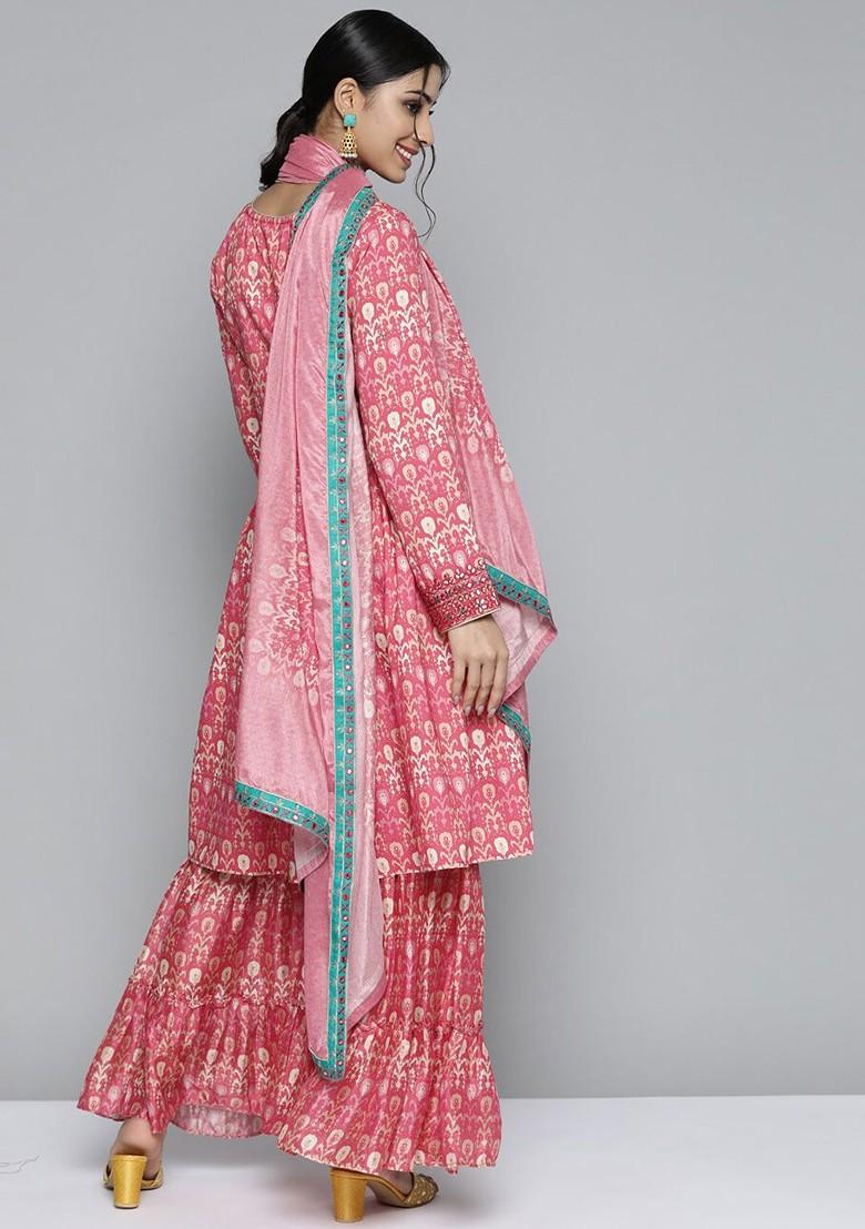 Pink Printed Mirror Work Pure Silk Kurta With Sharara And With Dupatta