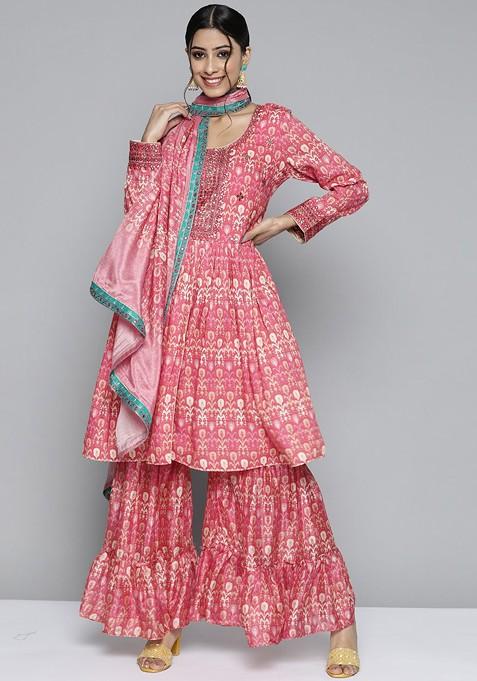 Pink Printed Mirror Work Pure Silk Kurta With Sharara And With Dupatta