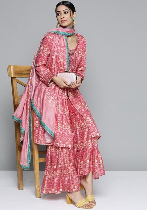 Pink Printed Mirror Work Pure Silk Kurta With Sharara And With Dupatta