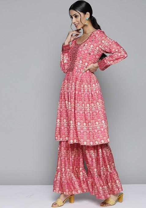 Pink Printed Mirror Work Pure Silk Kurta With Sharara And With Dupatta