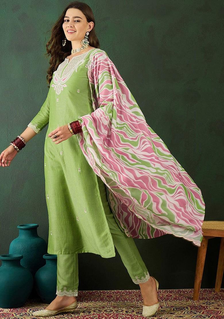 Green Floral Sequin Embroidered Kurta With Trousers And Dupatta