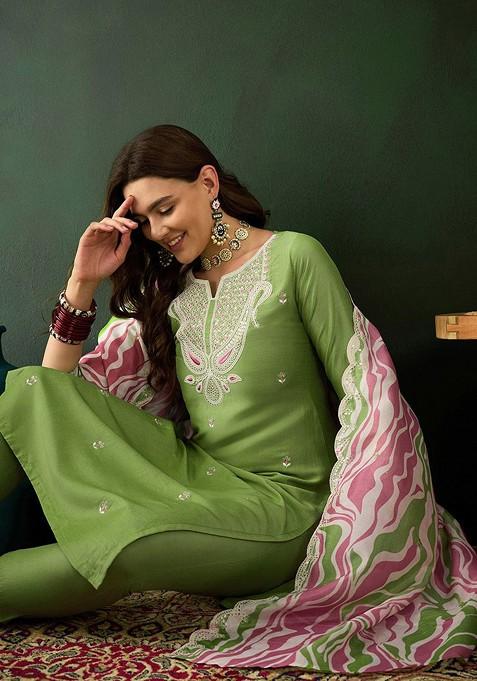 Green Floral Sequin Embroidered Kurta With Trousers And Dupatta