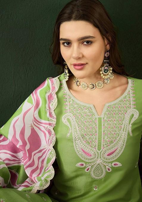 Green Floral Sequin Embroidered Kurta With Trousers And Dupatta