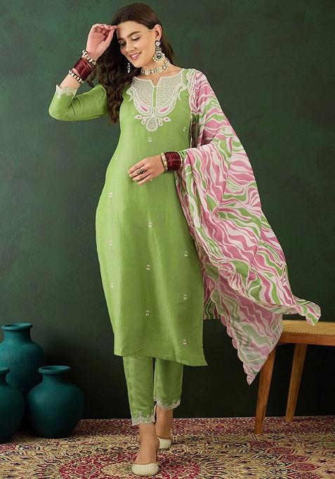 Green Floral Sequin Embroidered Kurta With Trousers And Dupatta