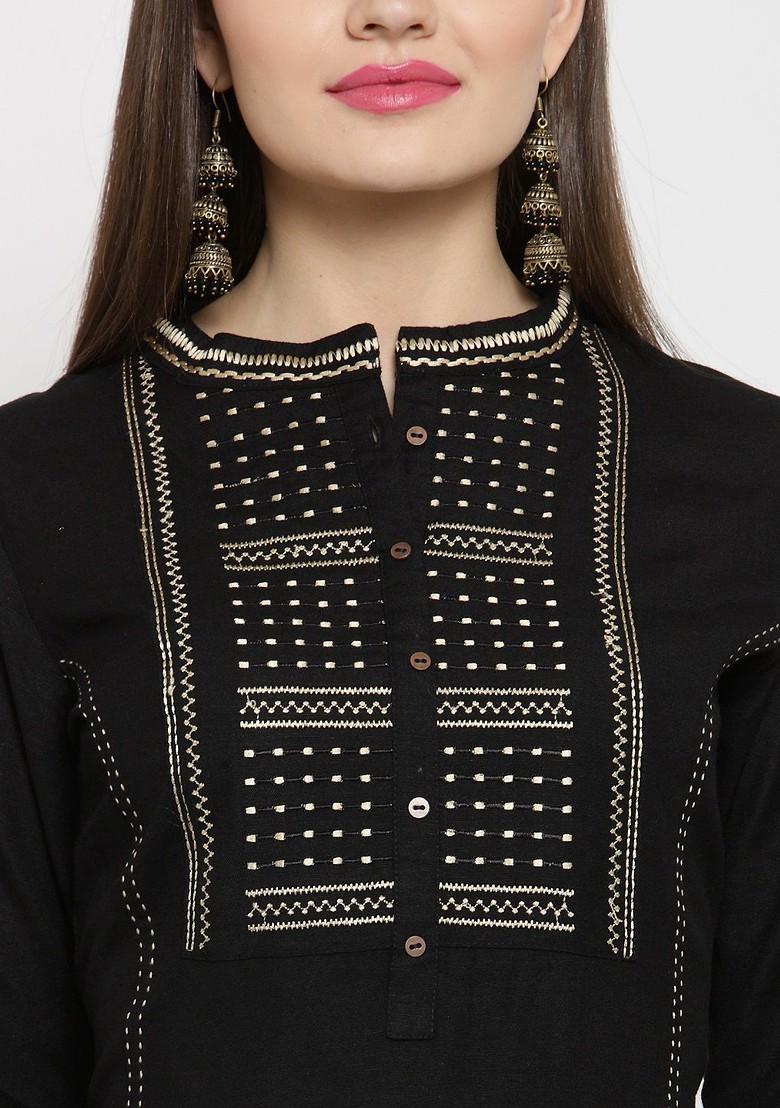 Black Embroidered Regular Thread Work Kurta With Palazzos - Indya