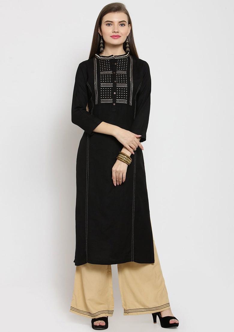 Black Embroidered Regular Thread Work Kurta With Palazzos