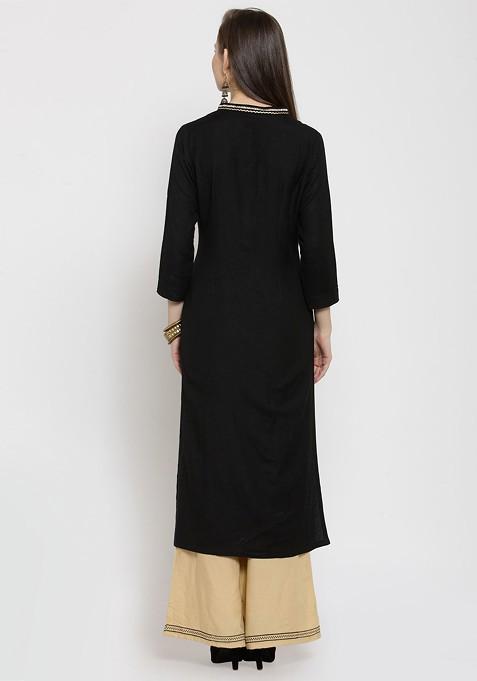 Black Embroidered Regular Thread Work Kurta With Palazzos