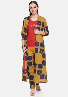 Red And Mustard Yellow Embroidered Kurta With Trousers And Ethnic Jacket