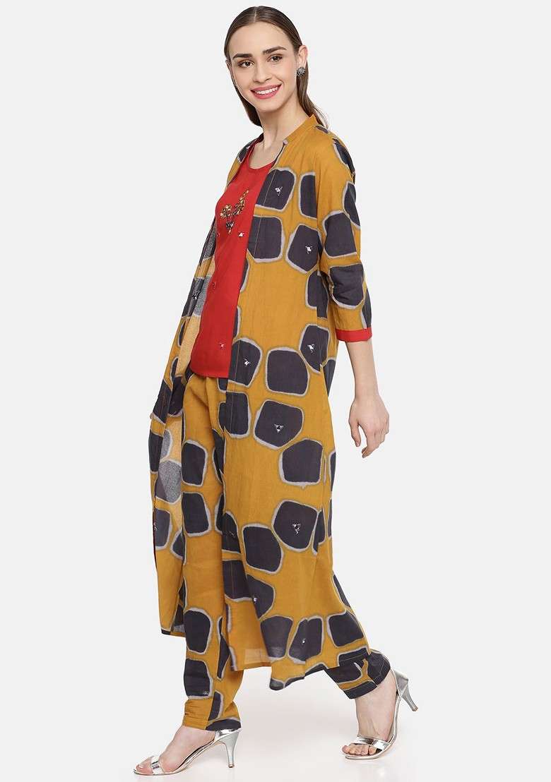 Red And Mustard Printed Blended Co Ord Set - Indya