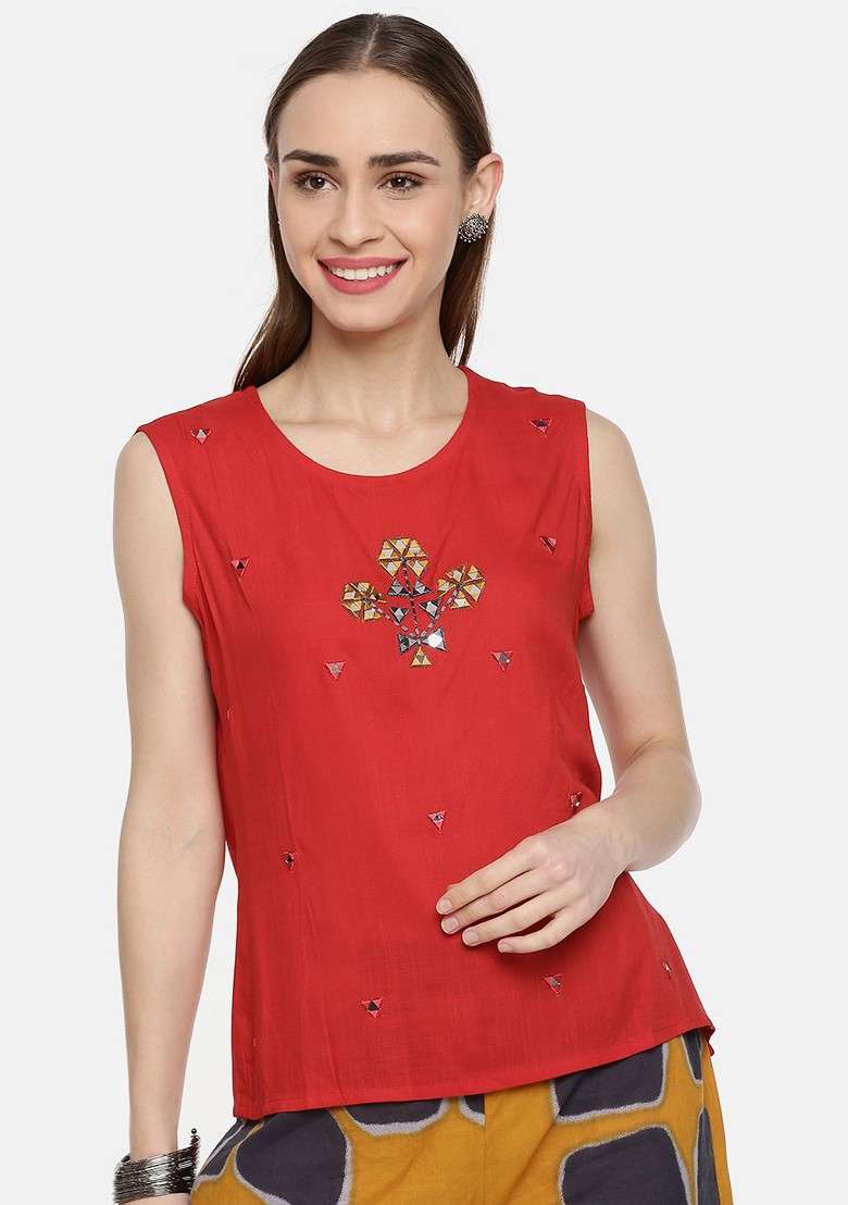 Red And Mustard Printed Blended Co Ord Set - Indya