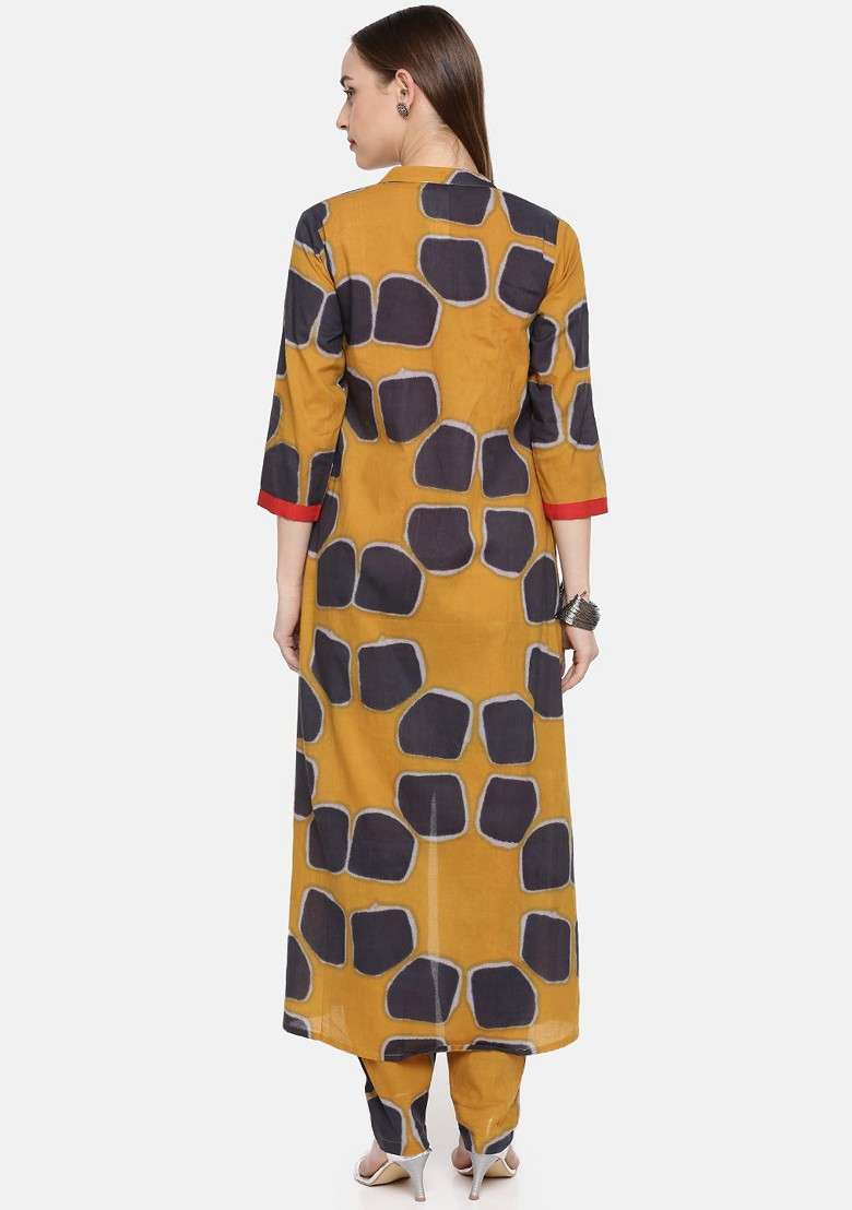 Red And Mustard Printed Blended Co Ord Set - Indya