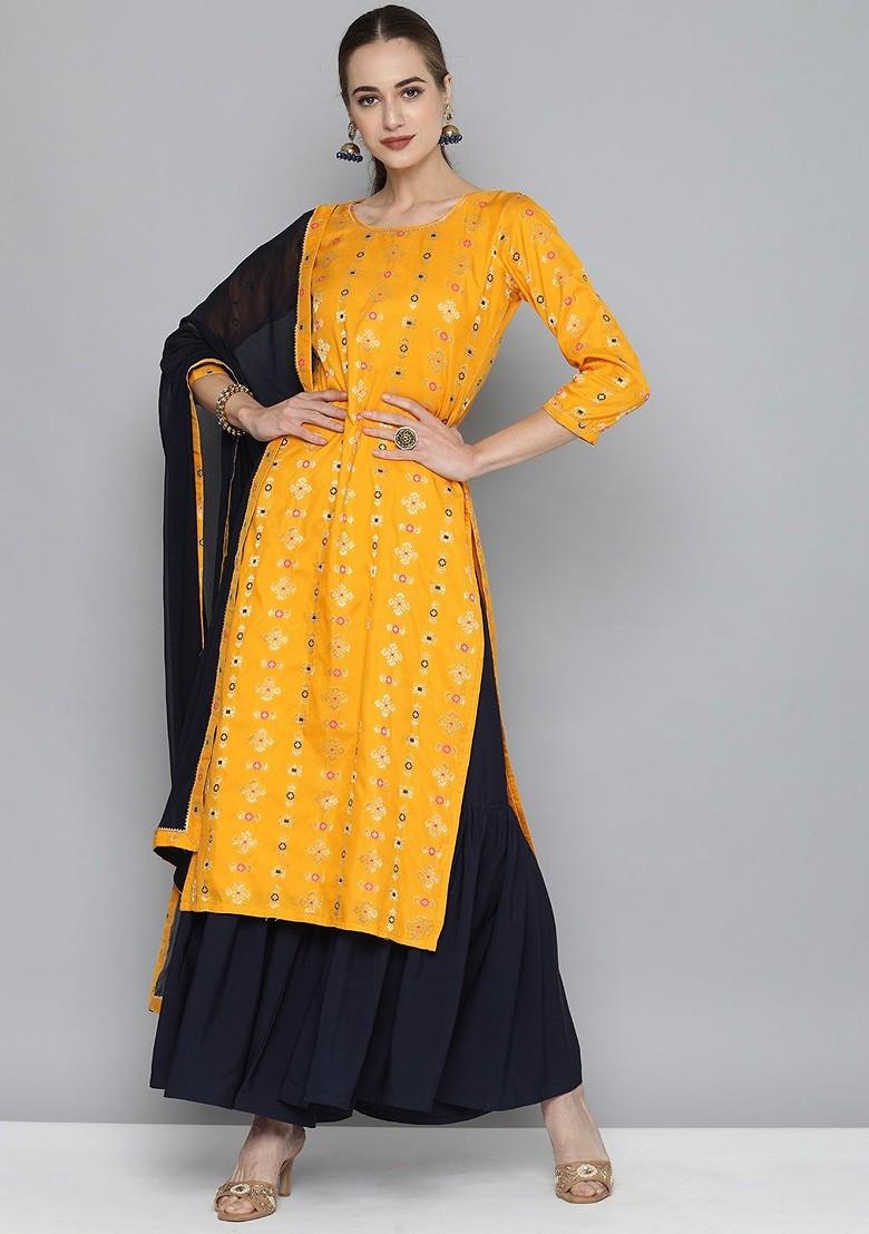 Yellow And Navy Blue Ethnic Motifs Kurta With Sharara And Dupatta