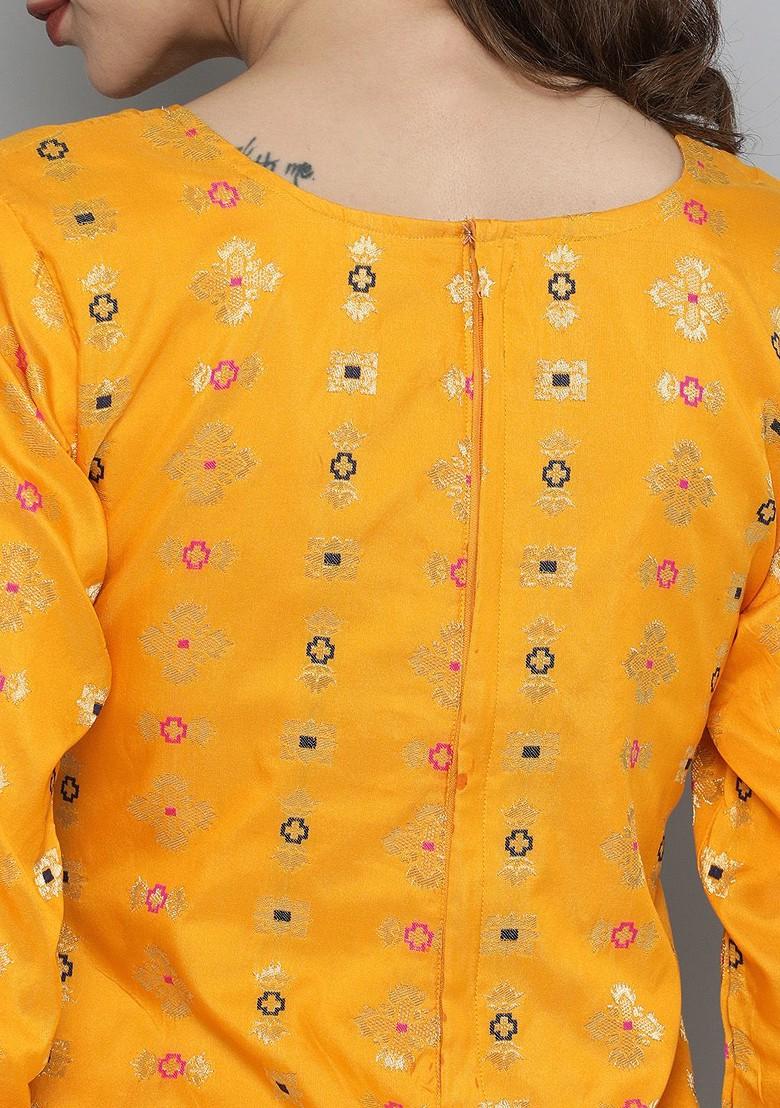 Yellow And Navy Blue Ethnic Motifs Kurta With Sharara And Dupatta