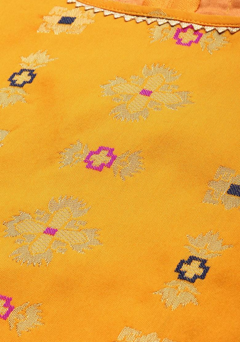 Yellow And Navy Blue Ethnic Motifs Kurta With Sharara And Dupatta