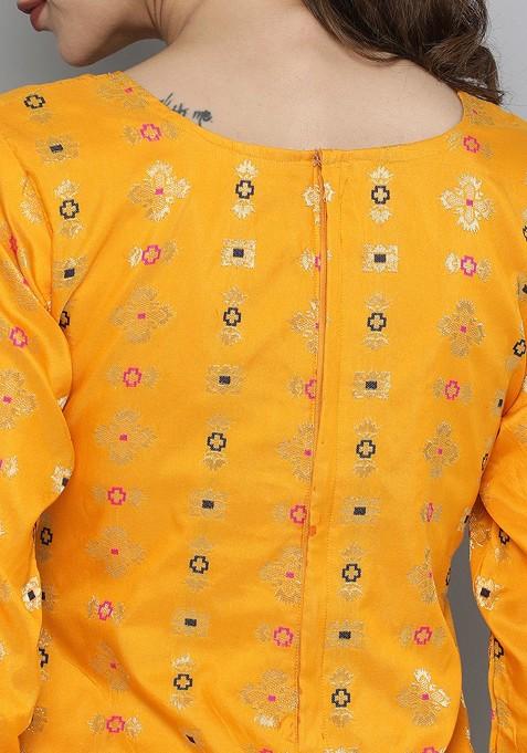 Yellow And Navy Blue Ethnic Motifs Kurta With Sharara And Dupatta