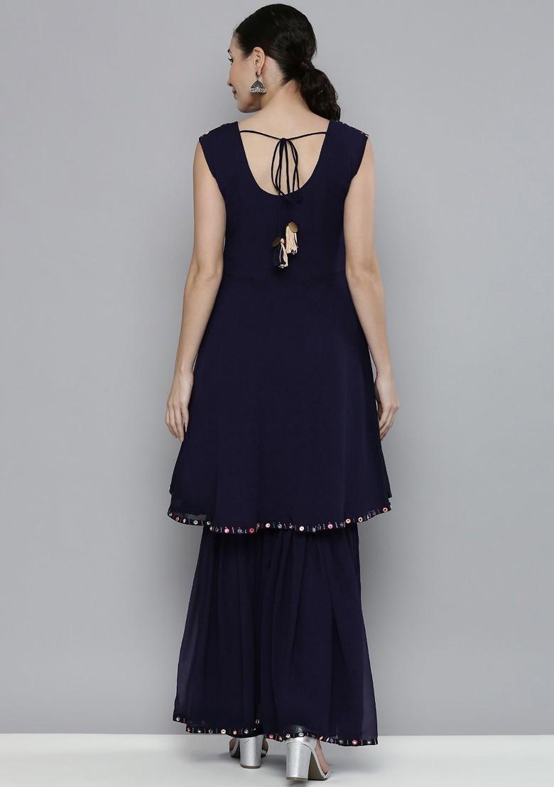 Navy Blue And Pink Mirror Work And Embroidered Sleeveless Kurta With Sharara