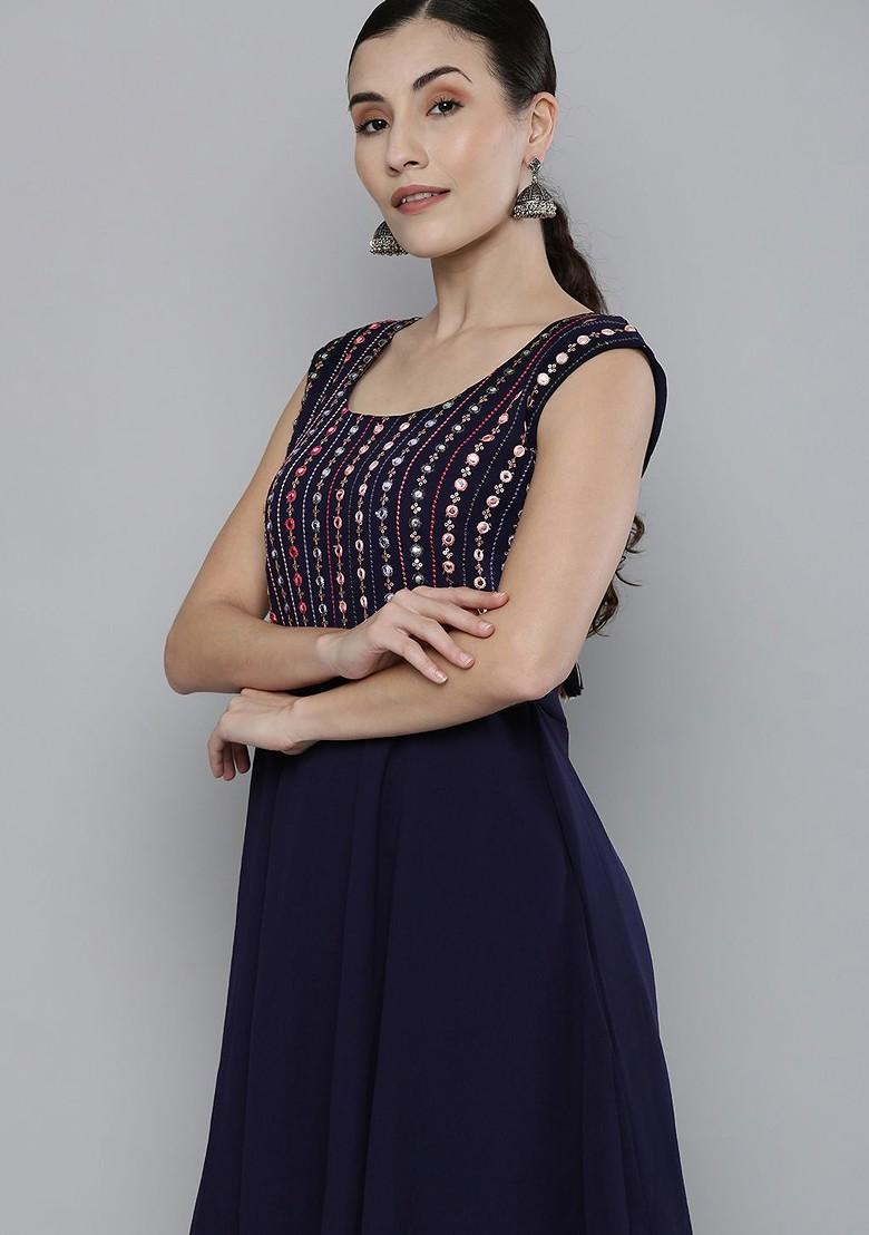 Navy Blue And Pink Mirror Work And Embroidered Sleeveless Kurta With Sharara