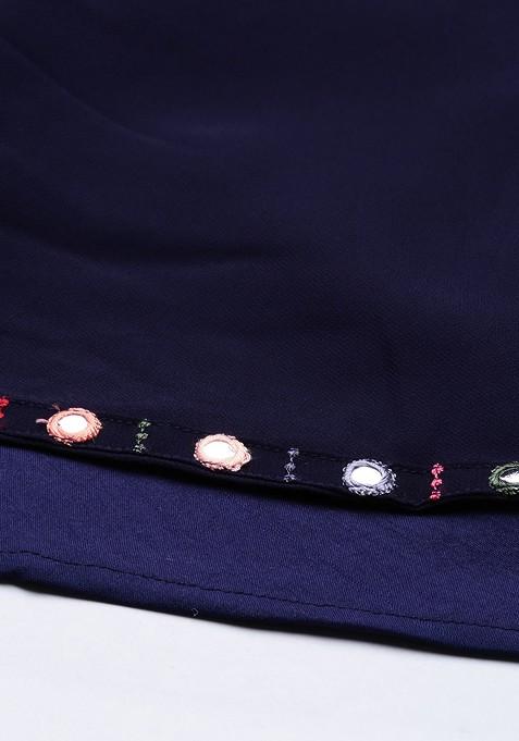 Navy Blue And Pink Mirror Work And Embroidered Sleeveless Kurta With Sharara