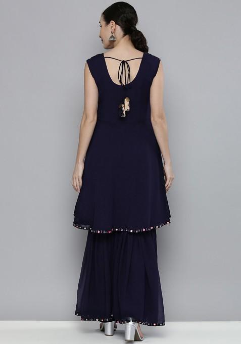 Navy Blue And Pink Mirror Work And Embroidered Sleeveless Kurta With Sharara