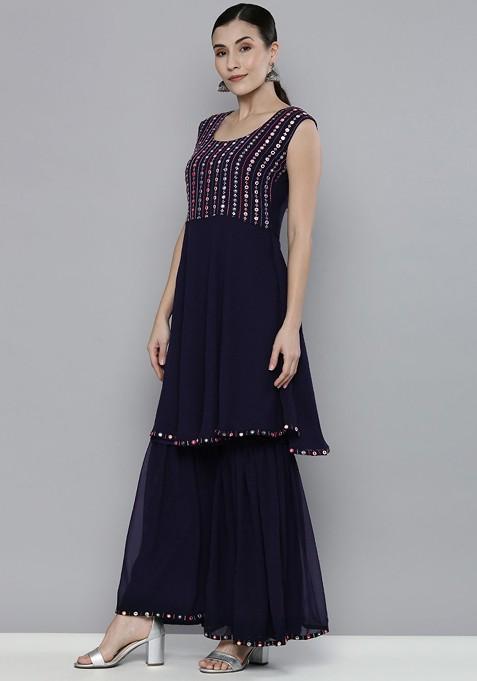 Navy Blue And Pink Mirror Work And Embroidered Sleeveless Kurta With Sharara