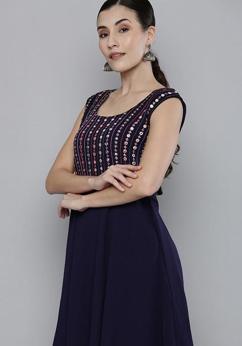 Navy Blue And Pink Mirror Work And Embroidered Sleeveless Kurta With Sharara