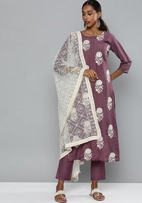 Magenta Floral Embroidered Regular Kurta With Trousers And Dupatta