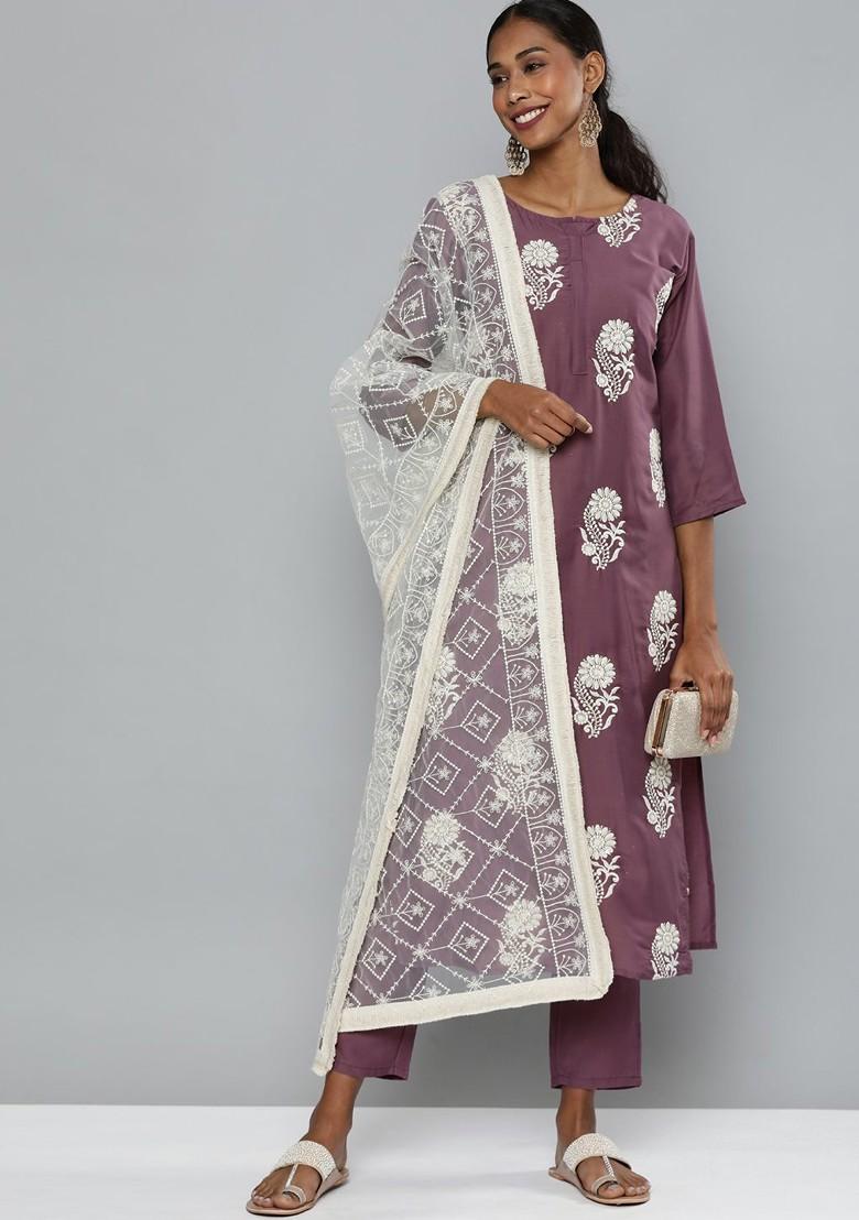 Magenta Floral Embroidered Regular Kurta With Trousers And Dupatta