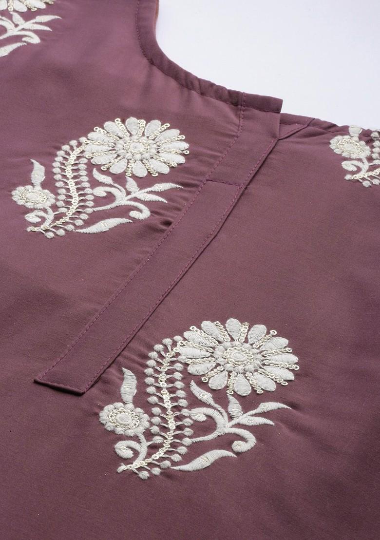 Magenta Floral Embroidered Regular Kurta With Trousers And Dupatta